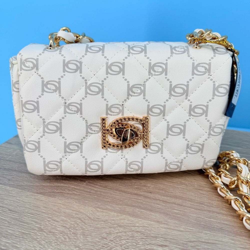 Bebe LIV Monogram Crossbody Small Logo Bag Quilted White Grey Gold Chain NWT Y2K - Picture 10 of 12